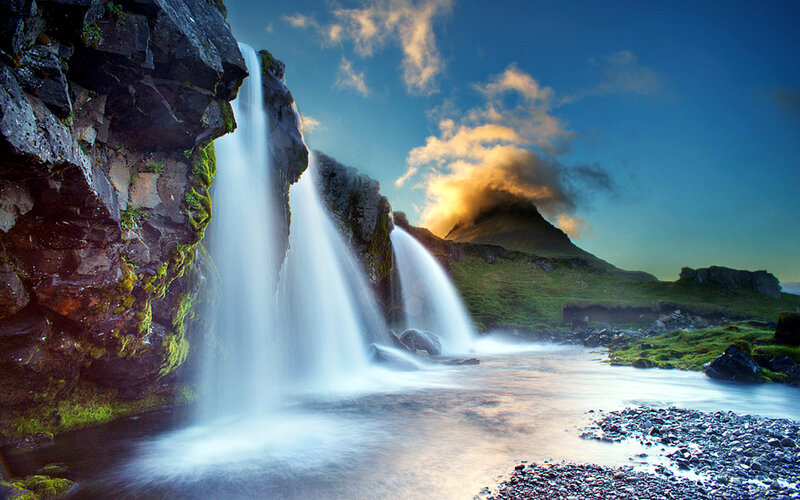Waterfall in Mountain Landscape — Blue, Dramatic