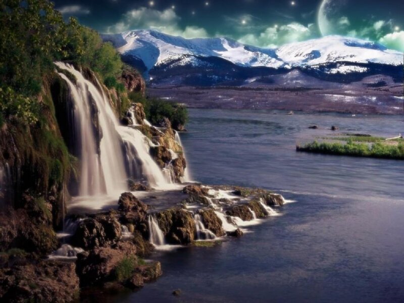 Waterfall in Mountain Landscape — Blue, Serene