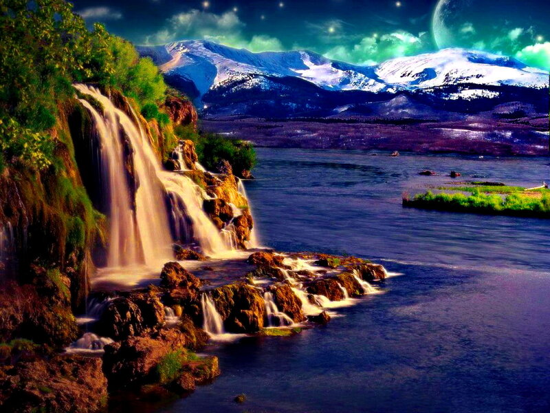 Waterfall in Mountain Landscape — Blue