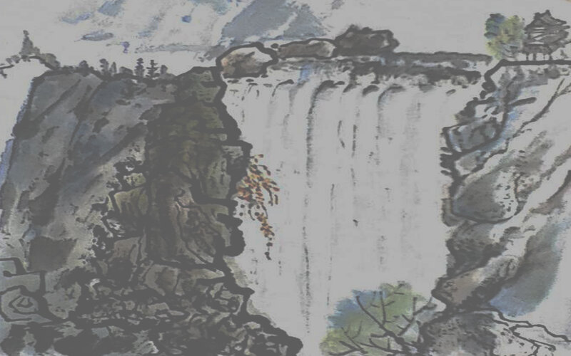 Waterfall in Mountain Landscape — Gray