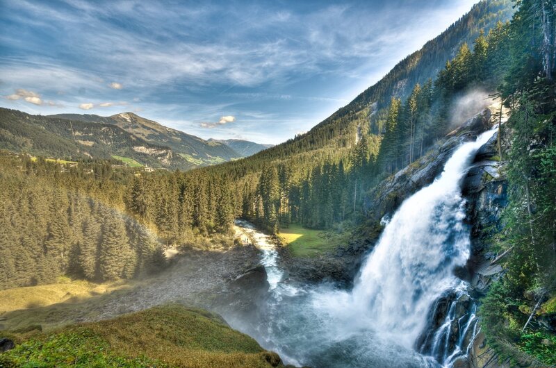 Waterfall in Mountain Valley — Blue, Dramatic, Afternoon, Photograph, Mountains