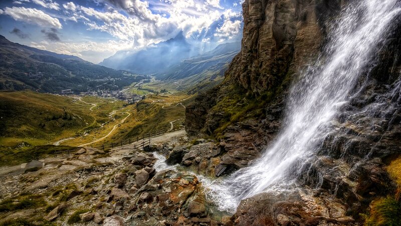 Waterfall in Mountain Valley — Blue, Dramatic, Afternoon, Photograph, River, Clouds