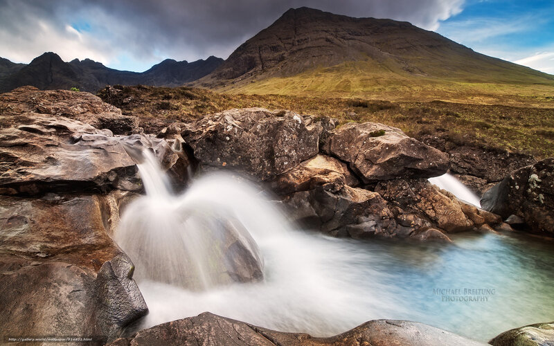 Waterfall in Mountain Valley — Blue, Dramatic, Afternoon, Photograph, River, Rocks