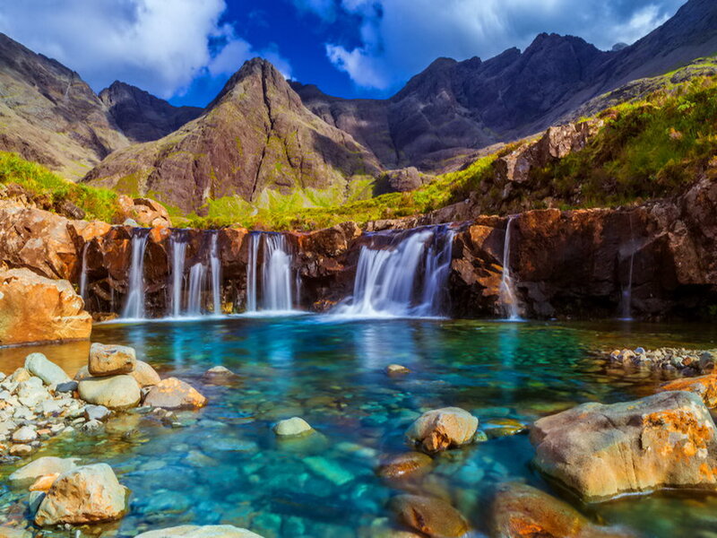 Waterfall in Mountain Valley — Blue, Dramatic, Afternoon, Photograph