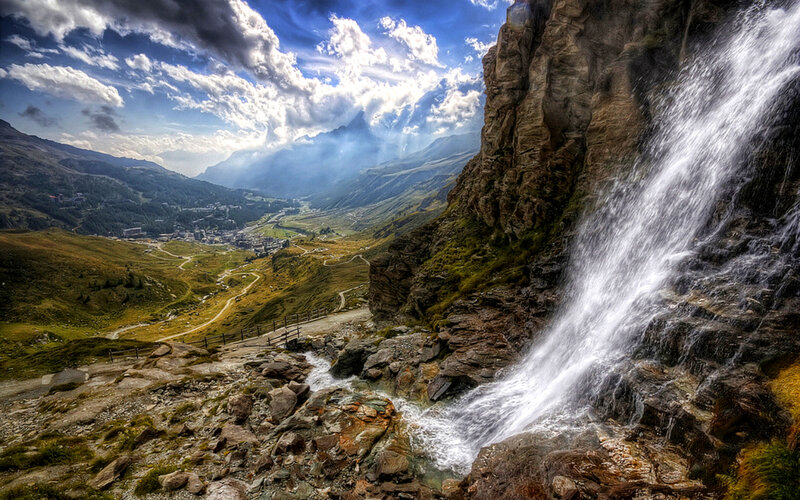 Waterfall in Mountain Valley — Blue, Dramatic, Afternoon