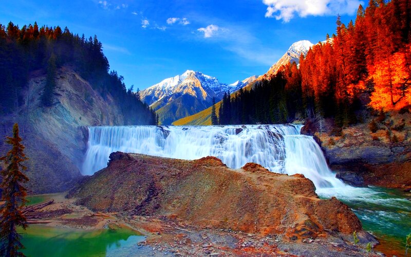 Waterfall in Mountain Valley — Blue, Dramatic, Autumn