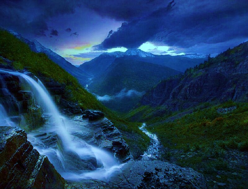 Waterfall in Mountain Valley — Blue, Dramatic, Night
