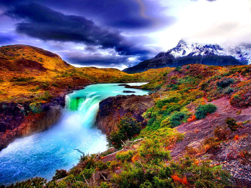 Waterfall in Mountain Valley — Blue, Dramatic, Photograph, River, Clouds