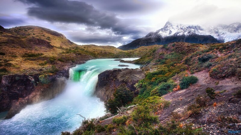 Waterfall in Mountain Valley — Blue, Dramatic, Photograph, River