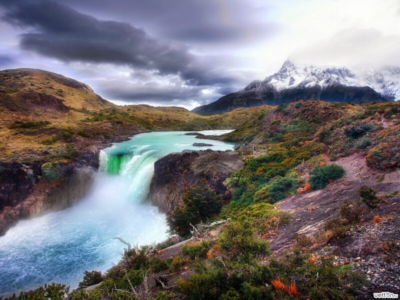 Waterfall in Mountain Valley — Blue, Dramatic, Photograph