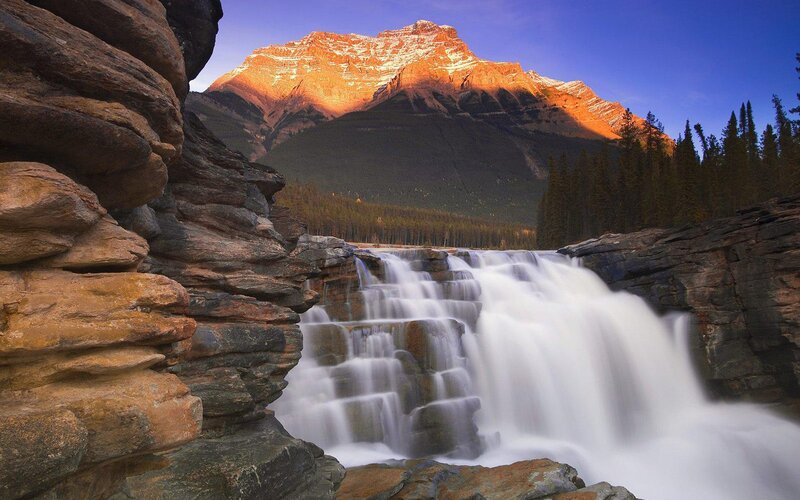 Waterfall in Mountain Valley — Blue, Dramatic, Sunset, Photograph, Forest