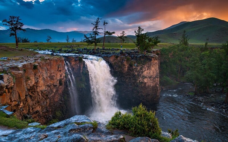 Waterfall in Mountain Valley — Blue, Dramatic, Sunset, Photograph, Mountains, River