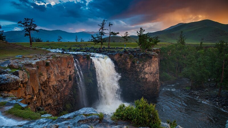 Waterfall in Mountain Valley — Blue, Dramatic, Sunset, Photograph, Mountains