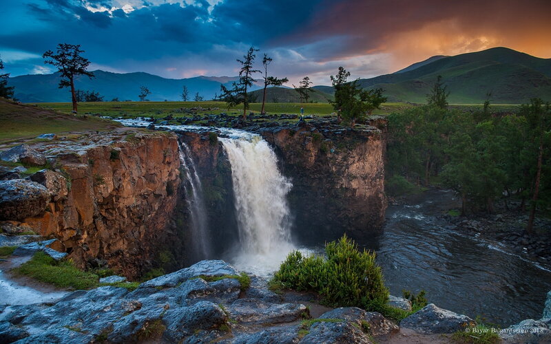 Waterfall in Mountain Valley — Blue, Dramatic, Sunset, Photograph