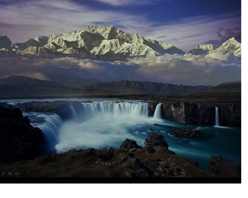 Waterfall in Mountain Valley — Blue, Dramatic, Sunset