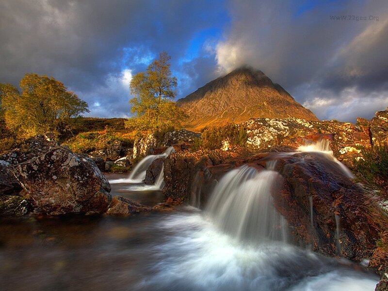Waterfall in Mountain Valley — Blue, Dramatic