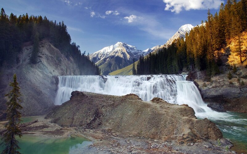 Waterfall in Mountain Valley — Blue, Serene, Afternoon, Photograph, Mountains, Forest