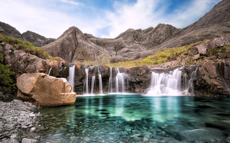 Waterfall in Mountain Valley — Blue, Serene, Afternoon, Photograph, Mountains, Pool, Rocks