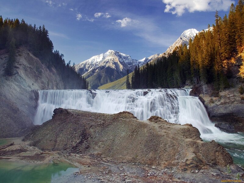 Waterfall in Mountain Valley — Blue, Serene, Afternoon, Photograph, Mountains