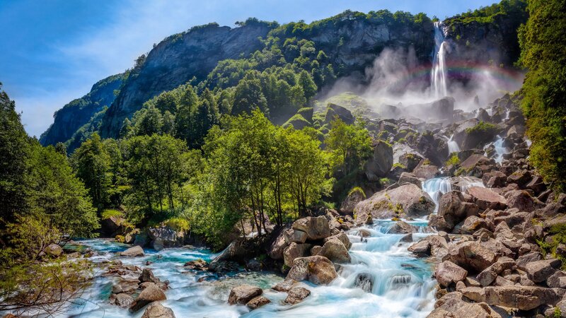 Waterfall in Mountain Valley — Blue, Serene, Afternoon, Photograph, Rainbow, River