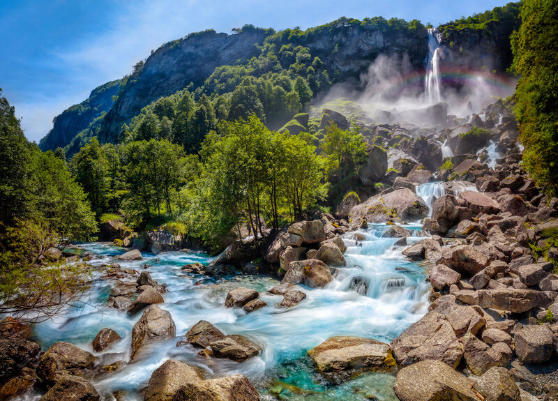 Waterfall in Mountain Valley — Blue, Serene, Afternoon, Photograph, River, Rocks