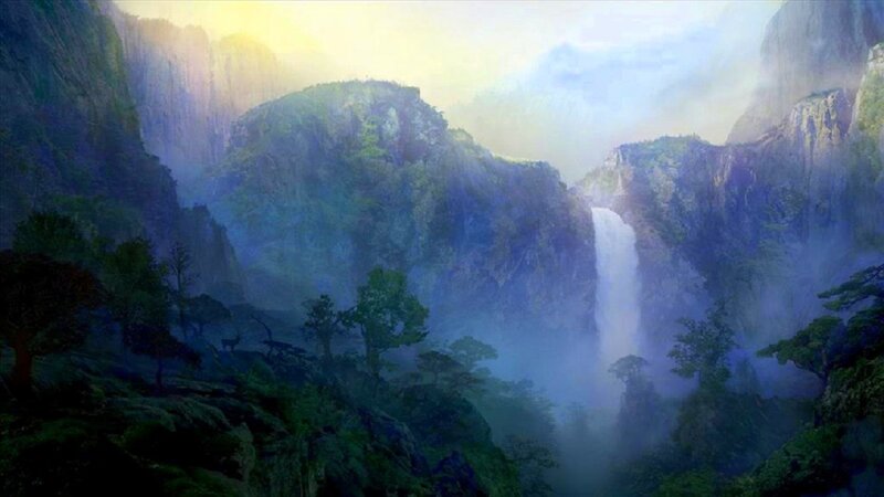 Waterfall in Mountain Valley — Blue, Serene, Morning