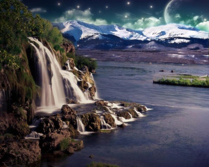 Waterfall in Mountain Valley — Blue, Serene, Night