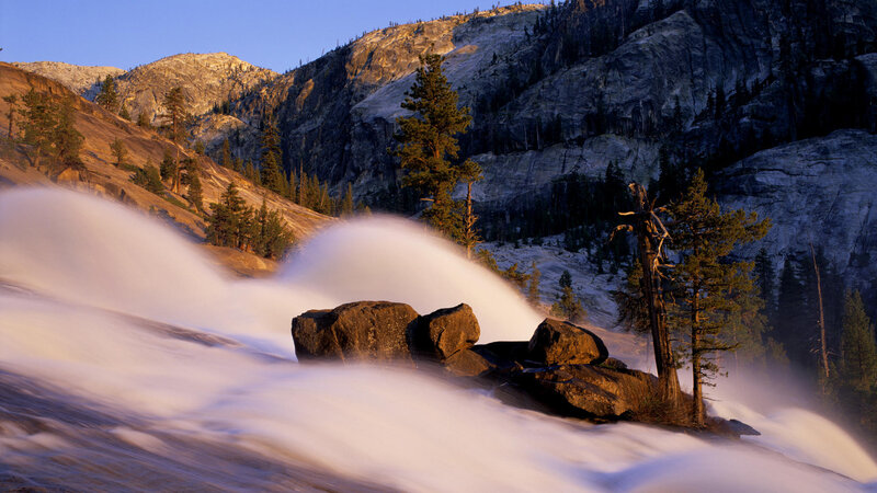Waterfall in Mountain Valley — Blue, Serene, Sunrise