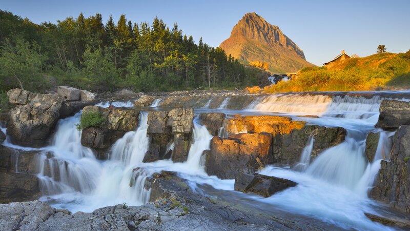 Waterfall in Mountain Valley — Blue, Serene, Sunset, Photograph, Forest, Cabin, Green