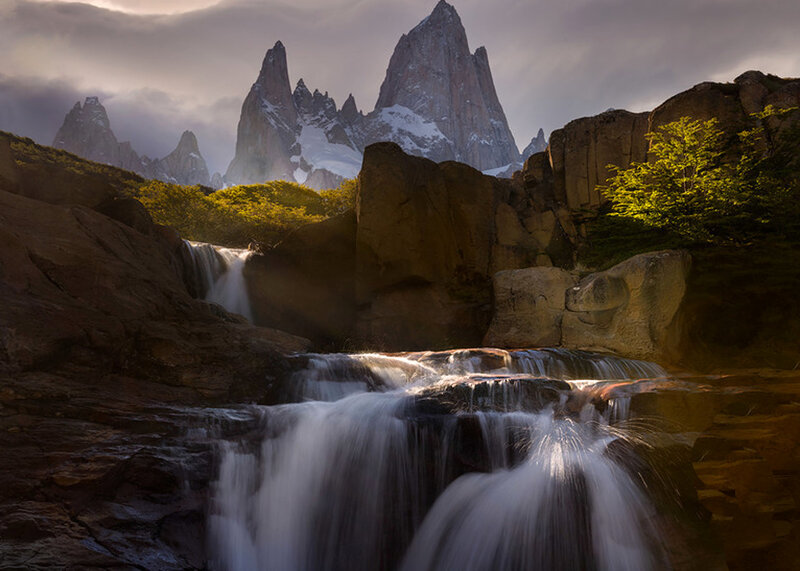 Waterfall in Mountain Valley — Brown, Dramatic, Sunset