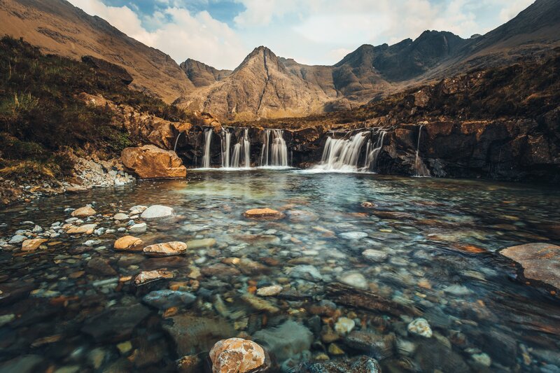 Waterfall in Mountain Valley — Brown, Serene