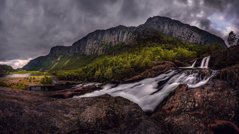 Waterfall in Mountain Valley — Gray, Dramatic