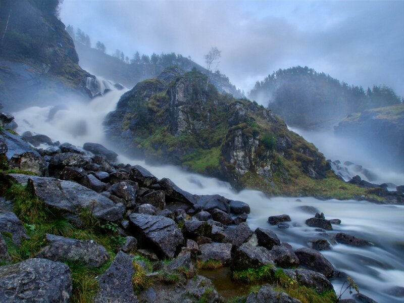 Waterfall in Mountain Valley — Gray