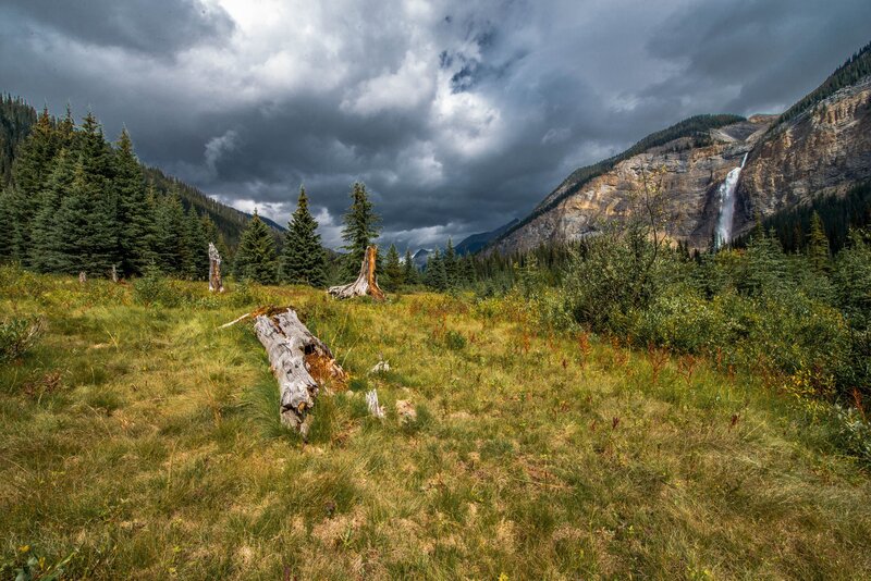 Waterfall in Mountain Valley — Green, Dramatic, Afternoon, Photograph, Forest, Clouds