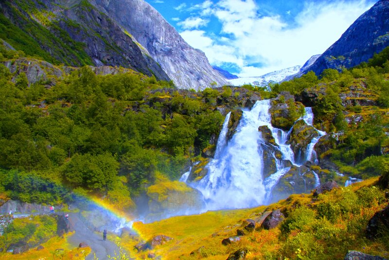Waterfall in Mountain Valley — Green, Dramatic, Afternoon, Photograph, Rainbow