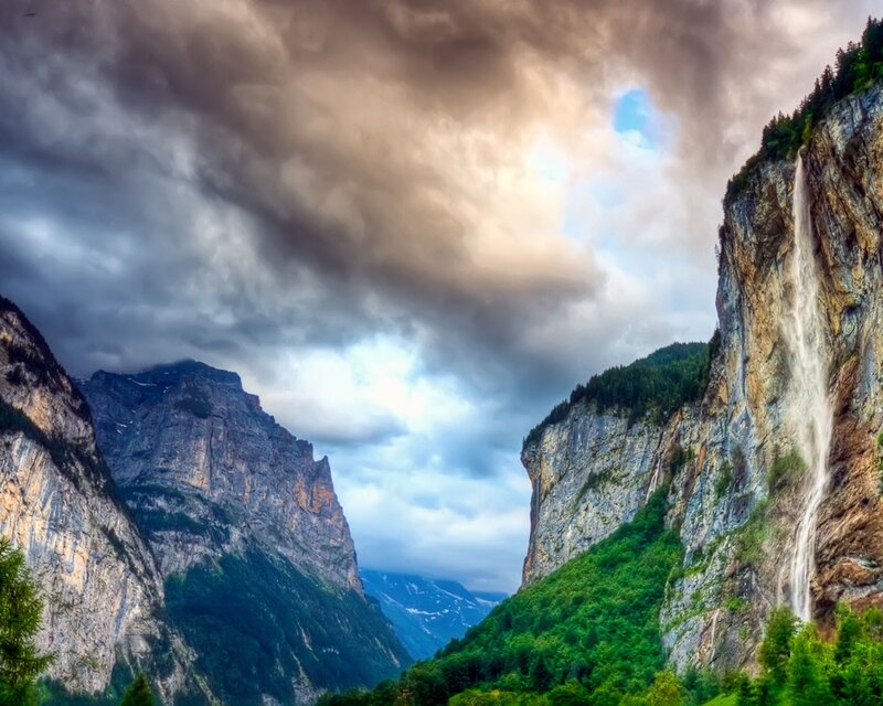 Waterfall in Mountain Valley — Green, Dramatic, Afternoon, Photograph