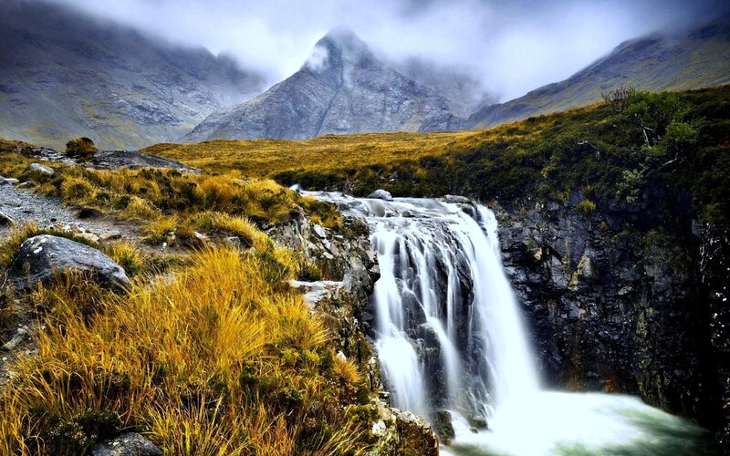 Waterfall in Mountain Valley — Green, Dramatic, Autumn, Photograph, Grass