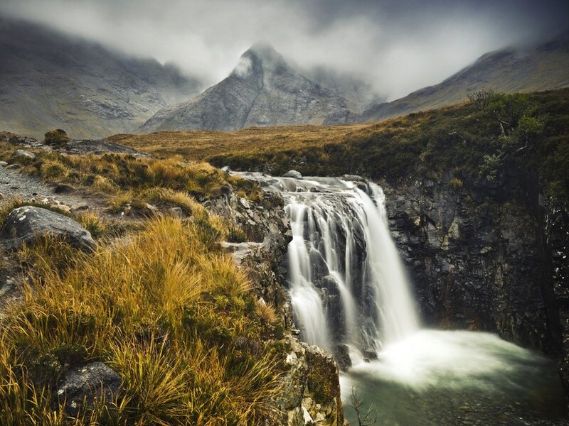 Waterfall in Mountain Valley — Green, Dramatic, Autumn, Photograph