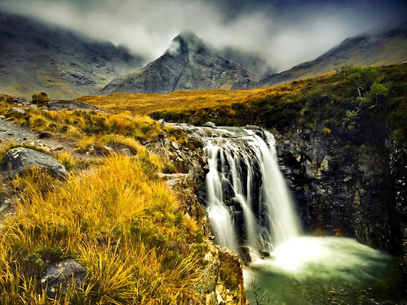 Waterfall in Mountain Valley — Green, Dramatic, Autumn