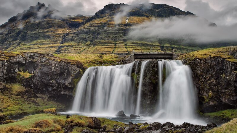 Waterfall in Mountain Valley — Green, Dramatic, Photograph, Bridge, River