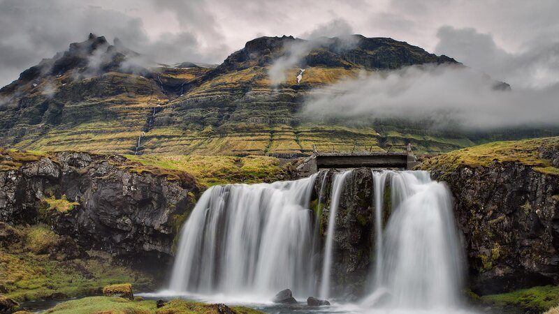 Waterfall in Mountain Valley — Green, Dramatic, Photograph, Bridge