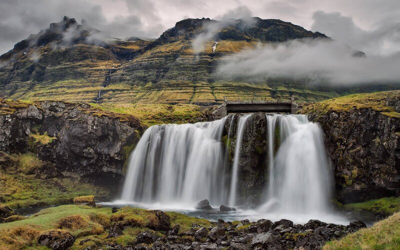 Waterfall in Mountain Valley — Green, Dramatic, Photograph, River, Bridge