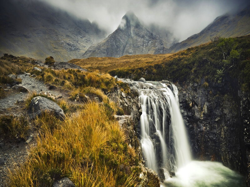 Waterfall in Mountain Valley — Green, Dramatic, Photograph, River