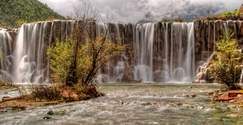 Waterfall in Mountain Valley — Green, Dramatic, Photograph, River, Trees