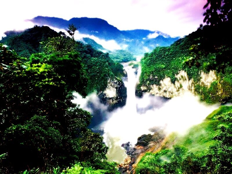 Waterfall in Mountain Valley — Green, Dramatic, Photograph
