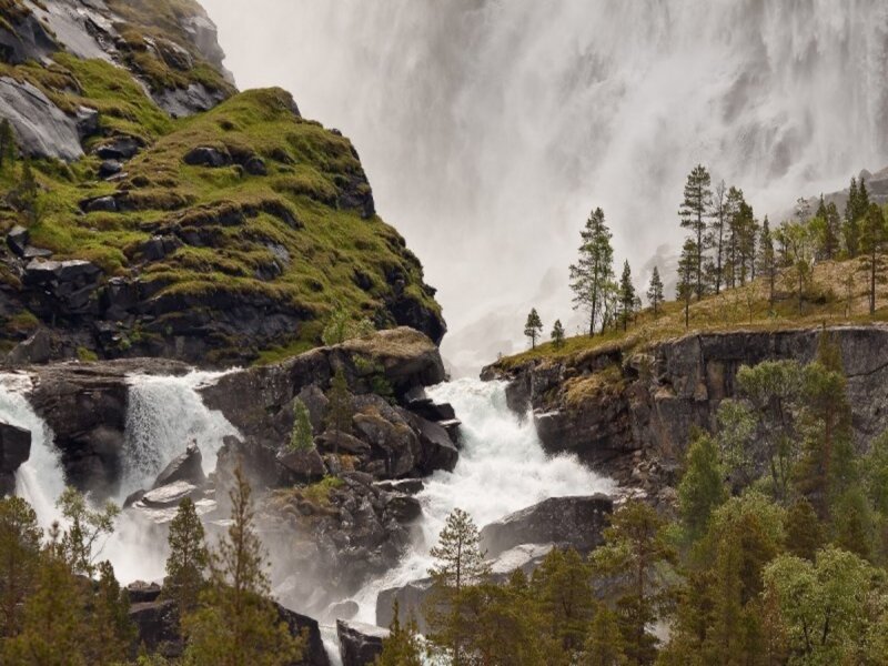 Waterfall in Mountain Valley — Green, Dramatic, Photograph, Trees