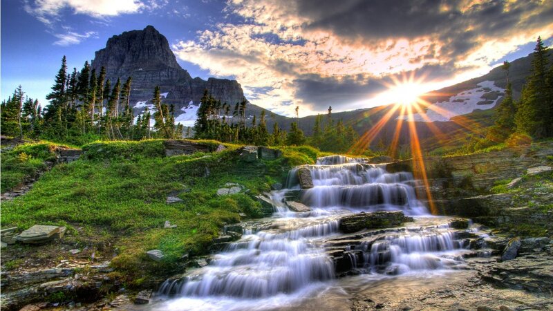 Waterfall in Mountain Valley — Green, Dramatic, Sunrise, Photograph, Forest