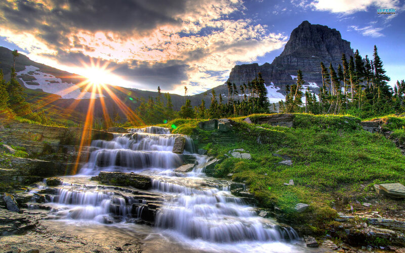 Waterfall in Mountain Valley — Green, Dramatic, Sunrise, Photograph