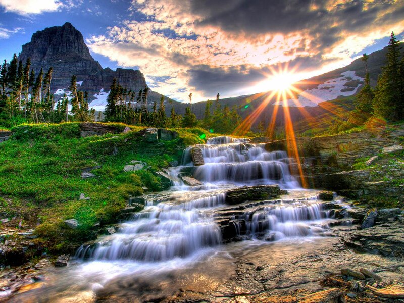 Waterfall in Mountain Valley — Green, Dramatic, Sunrise