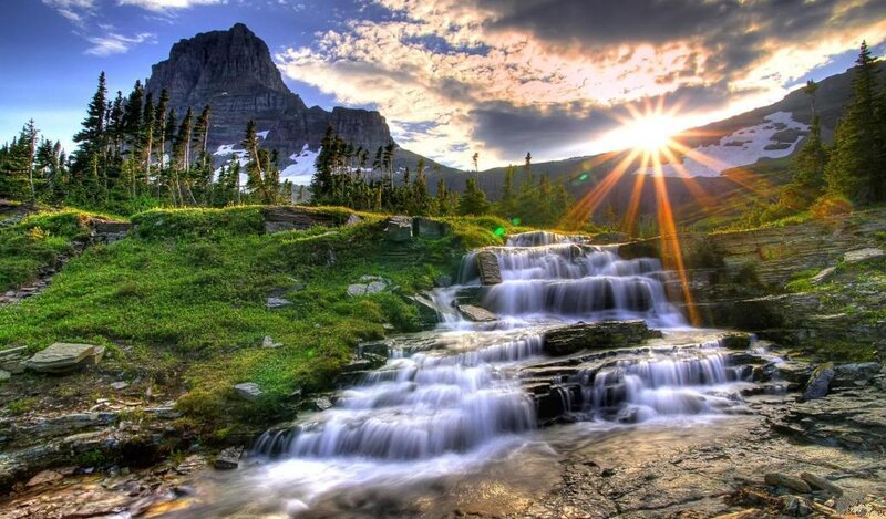 Waterfall in Mountain Valley — Green, Dramatic, Sunset